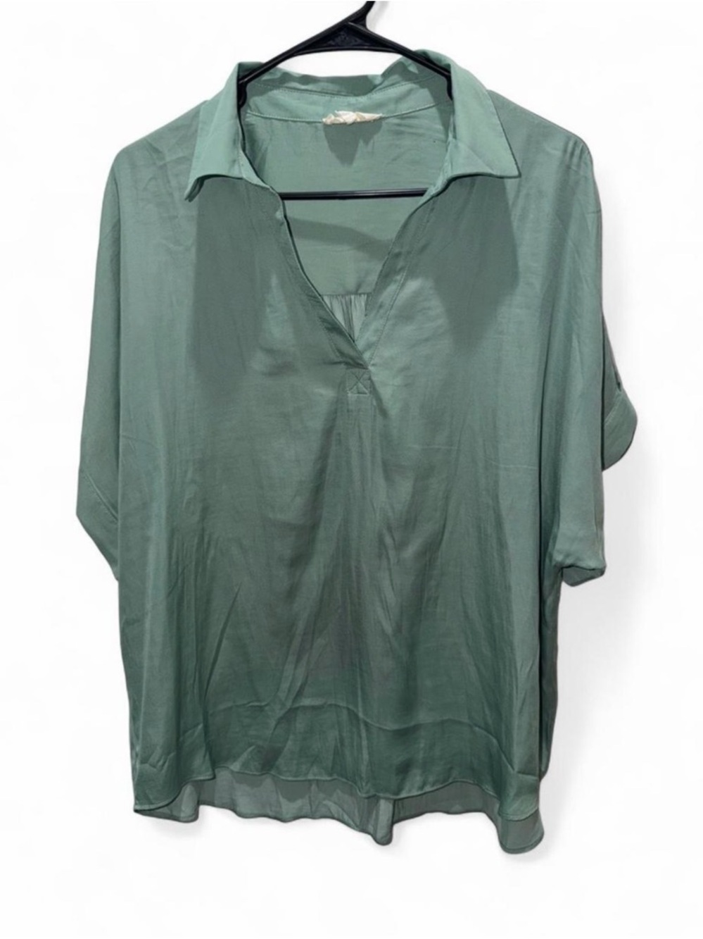 Womens Satin Sage Green Collared V-Neck Blouse